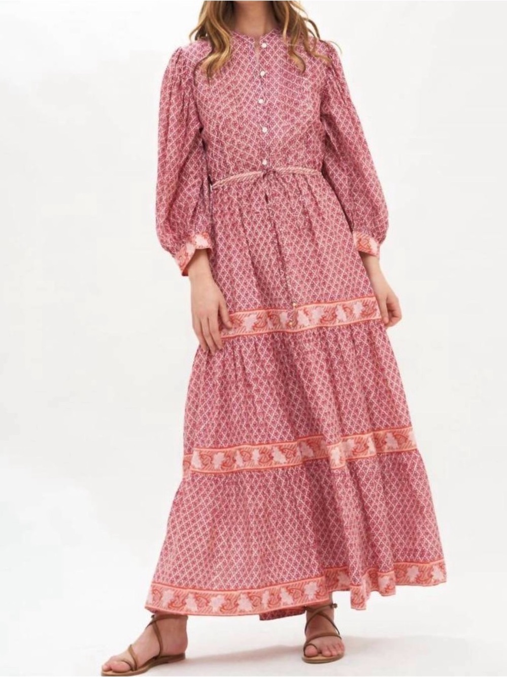 Oliphant Cinched Pintuck Maxi Dress in Red, Pink, White Block Print, XS